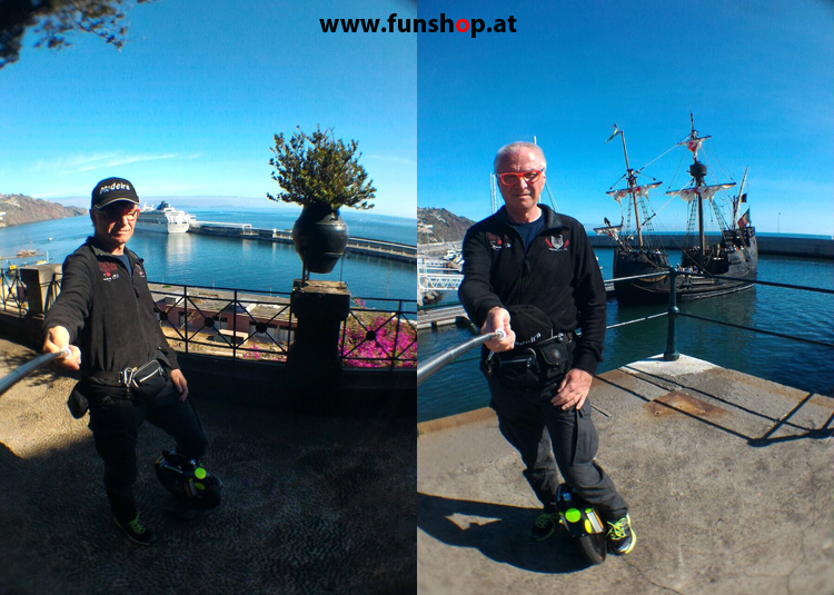 Mit dem elektrischen Einrad auf Madeira Funchal Hafen Schiffe
